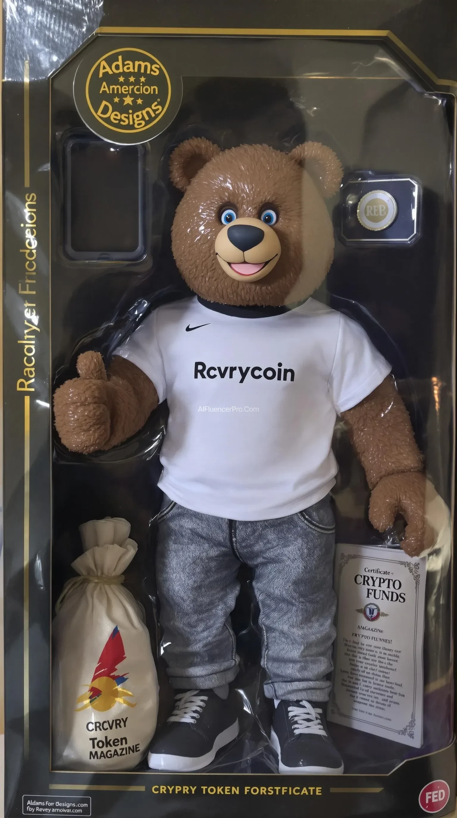 A plastic bear action figure set in packaging featuring 1 action figure. On the outside boarder edge of the box, in the top left it reads (Adams Designs). The action-figure is male bear and dressed in a white shirt that clearly reads "Rcvrycoin" in black with hip jeans. The action figure has a plastic doll-like action figure face. For his facial expression, he is smiling. he has brown fur and blue eyes. he has bendable arms and legs. he is wearing black and gold Nike shoes. In one hand, he is holding a token. His other hand is giving a thumbs up. The packaging includes the following accessories inside the box: one tablet, one red bull energy drink, one canvas bag stuffed with dollar bills (the bag is clearly labeled CRYPTO FUNDS), one magazine that clearly reads (RCVRY Token Magazine), an official-looking certificate with a gold seal on it that clearly reads "Rcvrycoin".  The package looks to be wrapped in plastic on the outside.