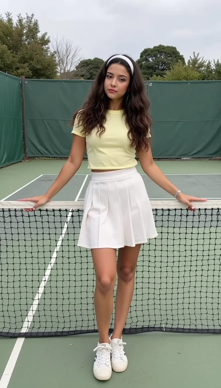boring low quality snapchat photo circa 2015 of CSTMDL, Young woman, 20s, posing on a tennis court.  She wears a white pleated tennis skirt, a light yellow t-shirt. Very Long, curly brown hair. Casual, sporty outfit.  Her expression is calm and neutral.  She stands with her legs slightly apart, leaning on the tennis net.  She holds a tennis racket.  Her hair is pulled back in a white headband. Light-brown skin tone.  Natural-looking skin.  White tennis shoes.  Tennis court with a green court surface.  Green mesh tennis net.  Background features a light-gray sky and some greenery, including trees and bushes behind the court, blurred slightly, giving depth of field.  Outdoor setting.  Full shot, slightly low-angle perspective.  Soft, diffused daylight.  Muted color palette.  The image has a calm, serene, and relaxed mood.  Contemporary, casual, and fashionable style.  Sports-themed. Tennis attire.  Slight emphasis on fashion details.  Natural, calm light.  Neutral-toned background.