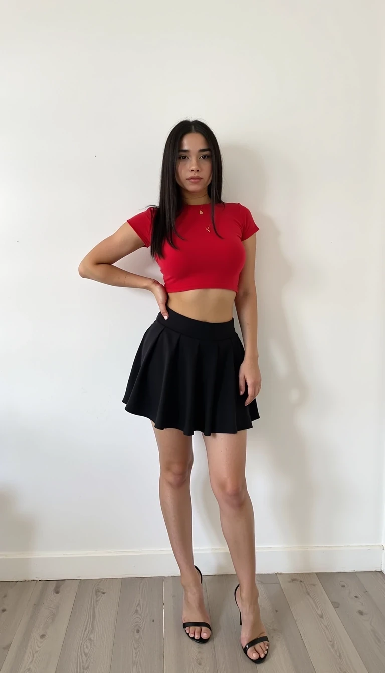 CSTMDL standing in front of a white wall wearing a red crop top and a loose short black skirt