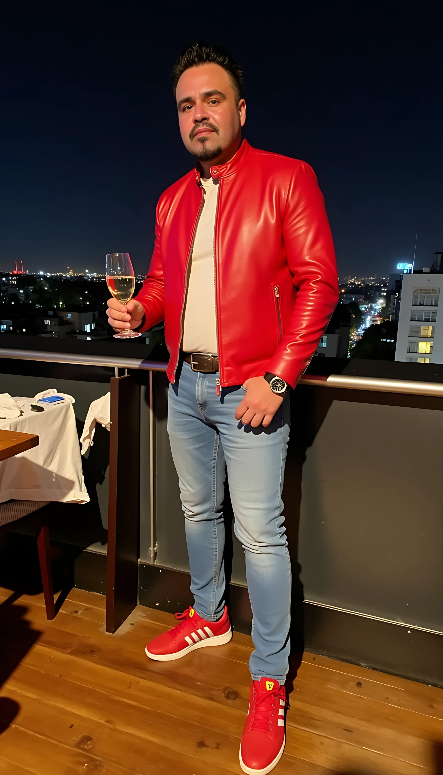  CSTMDL Man body wearing light blue jeans  a H belt and a red Ferrari leather jacket red tenis shoes wearing a rolex watch standing on a nice restaurant  with a glass of wine on a rooftop city night lights  clear background 