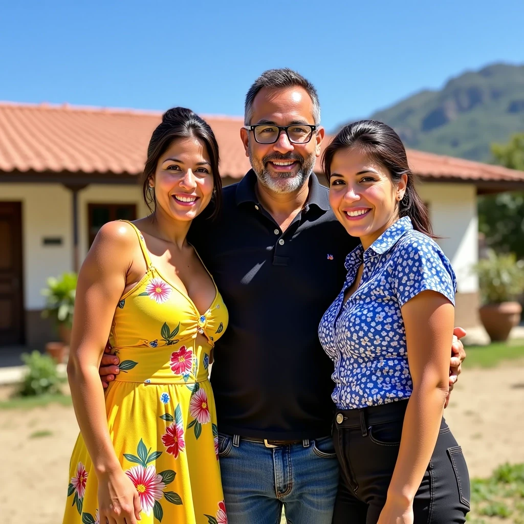 A medium shot photo of three people a man and two women posing happily in front of farmhouse in colombia under bright natural light. The image has a vibrant color palette, clear blue sky enhancing the cheerful atmosphere. The man, who appears to be latino with an older appearance, has a medium build and light skin with a slight tan. He wears glasses, wearing jeans, and a black polo shirt, smiling warmly while standing between the two women. On his right, a woman with fair skin and black hair tied back is wearing a yellow sundress with colorful floral patterns; she leans slightly towards him, smiling at the camera. On his left, the other woman, also with fair skin and black hair tied back, wears a blue patterned blouse and dark trousers, leaning in with a broad smile. The bright sunlight casts soft shadows, creating a lively, clear atmosphere. The setting is a farmhouse in colombia. The image captures intricate details with high clarity, and the bright lighting emphasizes both the subjects and the scenic backdrop, evoking a warm and joyful moment shared among family or friends