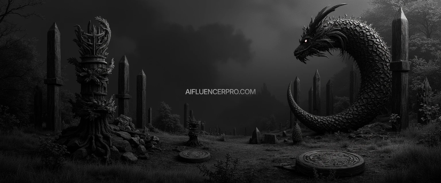 Image Description: A striking cover image dominated by black and gray shades, creating a somber and intense atmosphere. The composition includes abstract totems and cryptic symbols that hint at hidden meanings and deeper narratives. These elements are artistically blended to evoke a sense of mystery and intrigue, perfect for representing themes of secrecy and the unknown.

Style: A blend of modern and tribal art styles, using minimalist color schemes to focus on the texture and form of the totems and symbols, enhancing the overall visual depth and appeal.