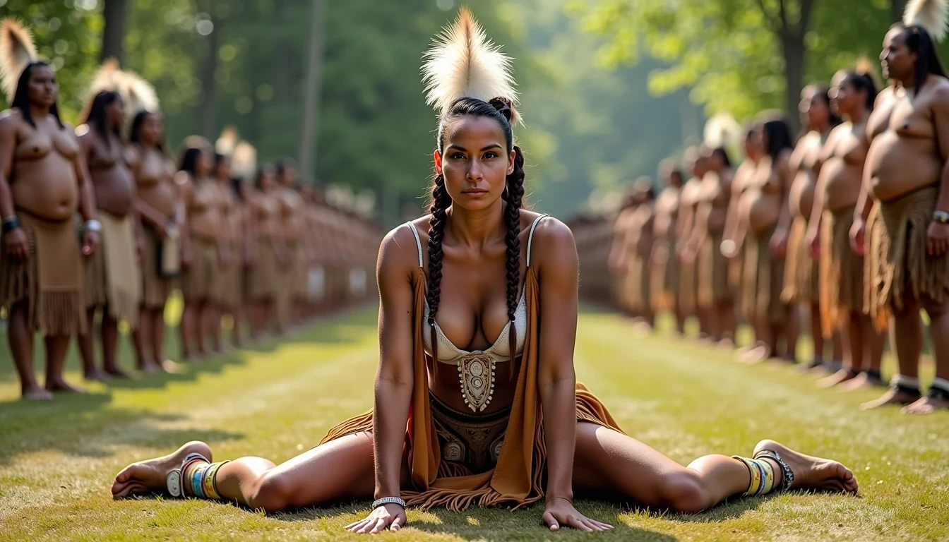 photo of woman CSTMDL, a medium shot photo of, a slim woman, her full body is in the scene, she has a slender petite build with petite small boobs and a flat chest, she has small dark skin nipples with long pointy nipple ducts and small dark skinned areolas, her hair is styled with two long braids she has eagle plumes in her hair, she is not wearing earrings, she is wearing daisy duke denim booty shorts, she is wearing a native American style vest in a golden yellow color over top of her underwear, she is holding her vest open exposing her strapless bra, her bra is a strapless white lace bra, she is wearing a fringe breechcloth in a golden yellow color, she is wearing ankle height smoked hide moccasins, natural lighting, natural light, amateur photography, shot on an iPhone, she is posing bent over on all fours on the ground with her legs spread wide apart in a wooded area in front of a fat obese native American man, she is maintaining intense eye contact with the camera, a fat obese native American man is directly behind her while other fat obese native American men form a lineup,  public setting, Hyper realism, 16k, uhd, ultra-sharp focus, perfect meshes and textures, highly detailed, highly accurate reflections, natural lighting, natural light, amateur photography, 