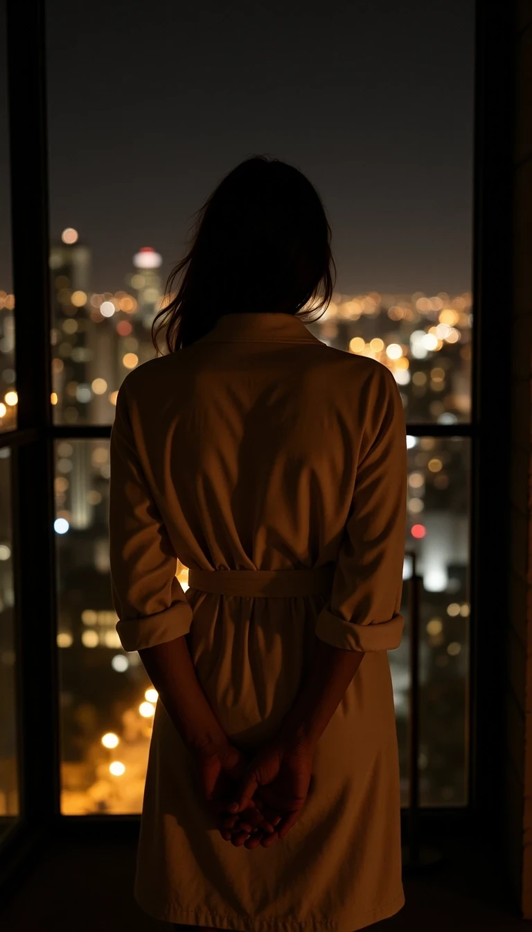 Model age: 30
Ethnicity: French
Style: Powerful, Elegant, Editorial, Dark Glamour, CSTMDL woman
Standing barefoot in robe at night, facing city window, hands behind back, power in solitude
