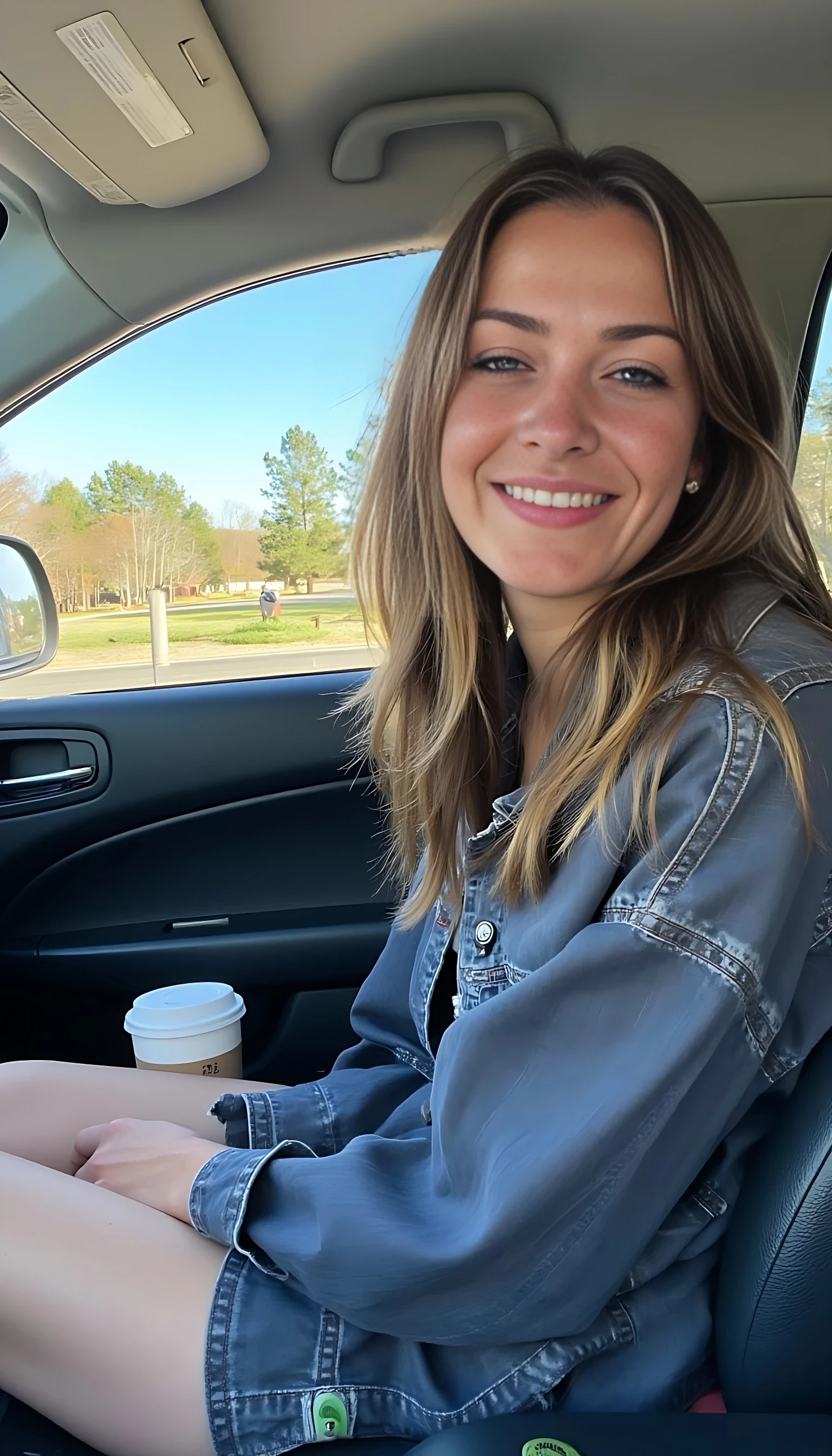 boring low quality snapchat photo circa 2015, A young woman with a warm smile, sitting in the driver's seat of a cozy car. She has soft, wavy brown hair cascading past her shoulders. The sunlight streams through the window, casting a gentle glow on her face. The interior of the car is neat and comfortable, with a coffee cup in the cup holder and a small plant on the dashboard. The background outside the window shows a scenic road lined with trees and blue skies