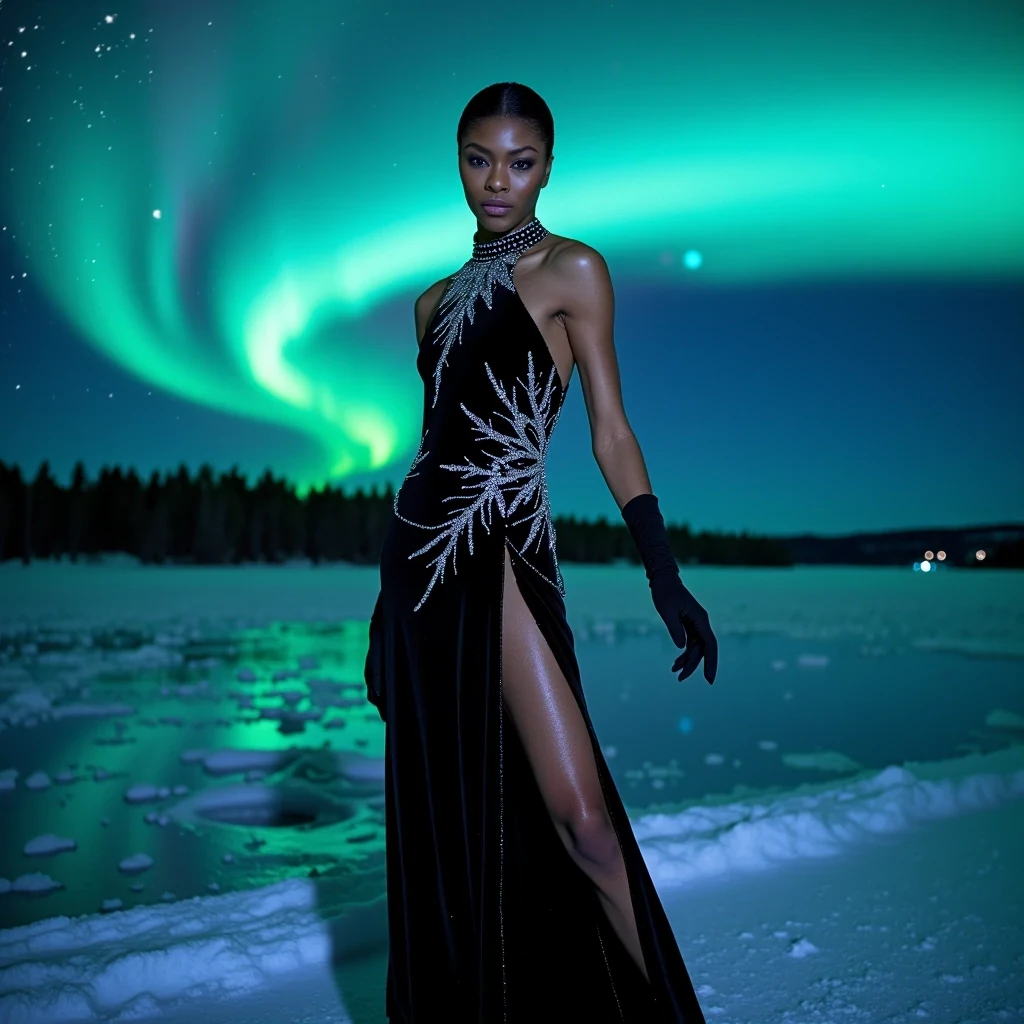 Midnight Ice Ballet
Shot on Leica M11, 75mm f/1.4, ISO 800, 1/250 sec. Editorial wide shot on frozen lake under northern lights. Model wearing Dior haute couture black velvet gown with crystal snowflake embellishments. Light olive brown skin capturing blue-green aurora reflection. Key light: powerful LED panels through diffusion creating ice-like glow. Skin texture shows cold-induced luminosity, slight wind-chapped effect on cheeks. Background: starlit sky, aurora borealis, ice patterns in lake surface. CSTMDL