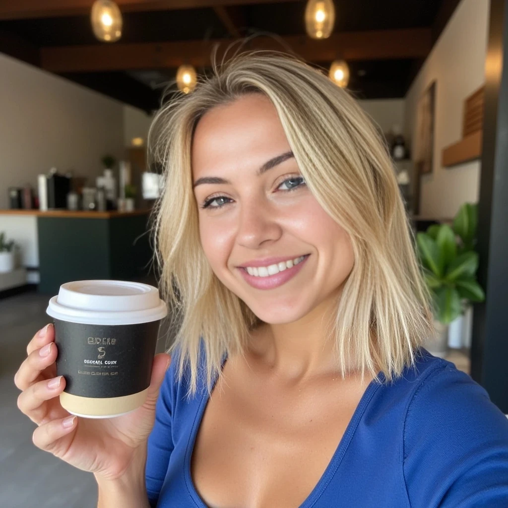 4K, A beautiful young woman with blonde hair, no makeup, naturally imperfect skin, rough skin, smiling warmly as she takes a selfie. The focus is on her radiant expression and the center of her chest, capturing her confidence and charm. The background features a coffee shop and a few carefully placed plants, adding a cozy, stylish touch, with her being featured in a blue top,  large chest, coffee in her hand