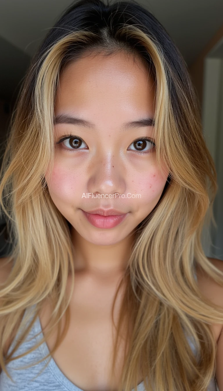 Beautiful 19-year-old Asian face woman, blonde, freckles, cute, black eyes, black eye brows and attractive face
