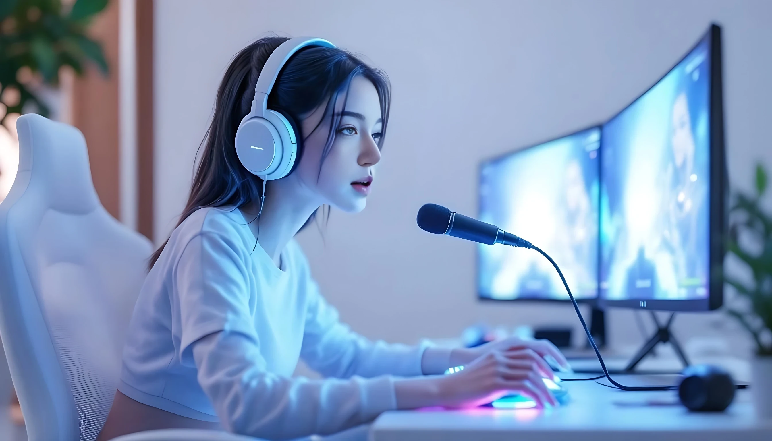 Female streamer in white crop top and headphones, leaning slightly forward while speaking into a mic, full white RGB PC setup with dual monitors glowing in pastel blue, minimalist studio style.

negative prompt:  blurry, low resolution, low quality, distorted face, extra limbs, extra fingers, missing fingers, deformed hands, unnatural skin texture, overexposed, underexposed, bad anatomy, disfigured, mutated, duplicate face, fused limbs, exaggerated features, unrealistic eyes, anime style, cartoon, doll-like, glitch, watermark, text, logo, grain, noisy background, jpeg artifacts, lens distortion, fisheye,deformed hands, extra fingers, missing fingers, double face, bad anatomy, blurry face, disfigured, bad proportions, low quality, artifact, mutated limbs, asymmetrical eyes, face distortion, incorrect lighting, extra limbs
