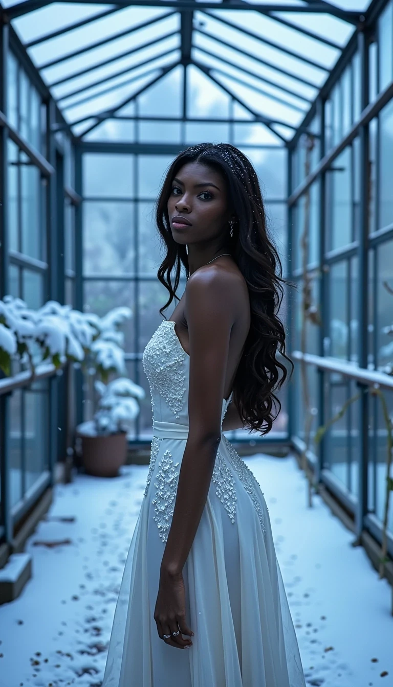 Winter Garden Twilight
Shot on Canon R5, 85mm f/1.2, ISO 400, 1/125 sec. Model in frosted greenhouse wearing Alexander McQueen white structured gown with ice-blue undertones. Light olive brown skin contrasting with surrounding snow-dusted glass walls. Skin texture shows subtle cold-induced flush. Lighting: deep blue twilight through glass ceiling mixed with warm interior spots. Pose references frozen motion, catching snowflakes. Location: Royal Glass House after snowstorm. CSTMDL