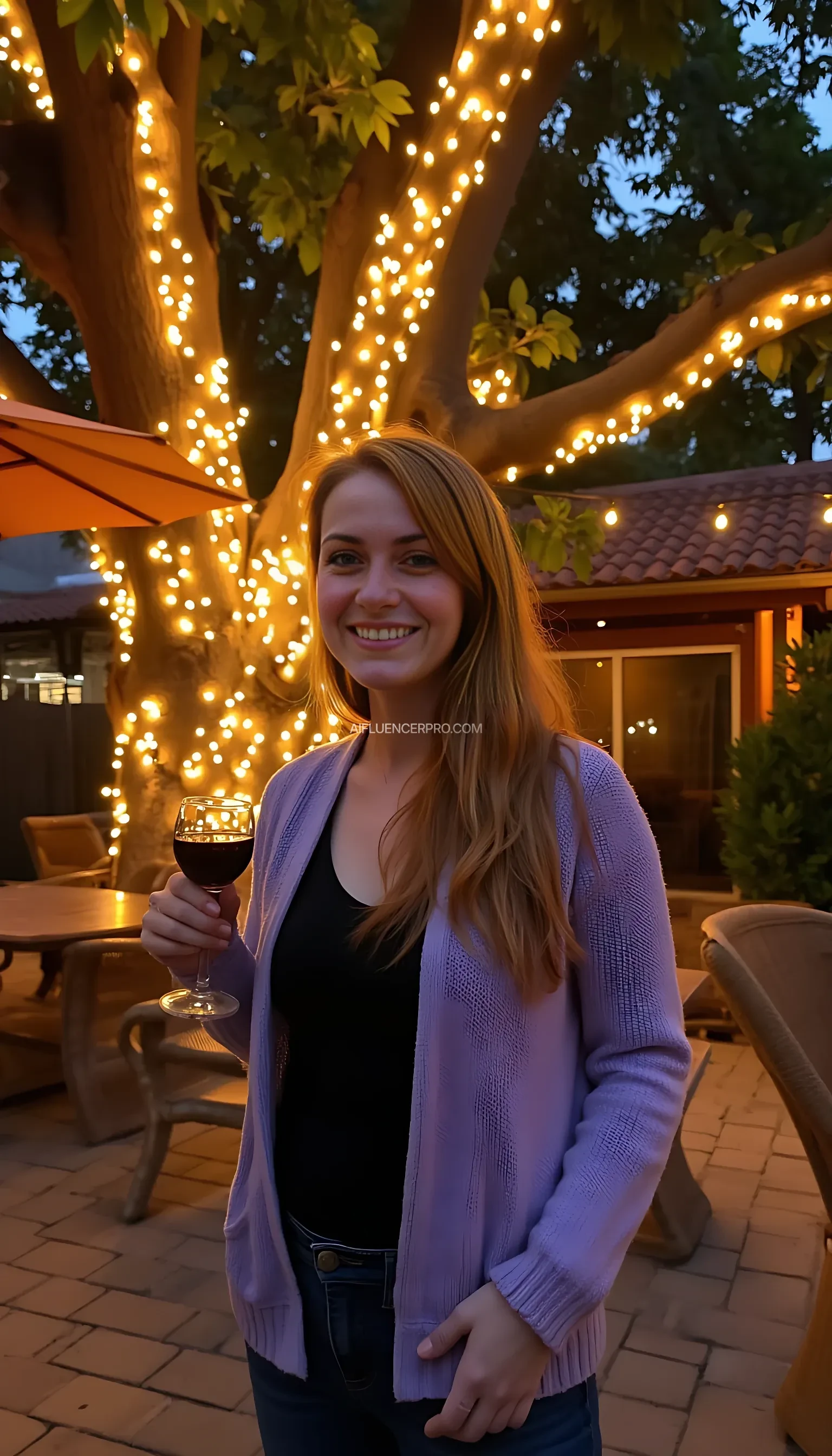 A full body shot photo of a woman standing outdoors at a cozy, warmly lit patio in the evening, with soft, glowing lights wrapped around a tree behind them creating a charming atmosphere. The image is rich in detail, with warm tones and clear textures throughout. The woman has fair skin, a slim build, and long reddish-blonde hair, also worn loose. She is smiling warmly at the camera, holding a glass of red wine in her right hand, and wears a soft-textured lavender cardigan over a black top. The background features a large tree with sparkling string lights wrapped around its trunk and branches, adding a magical touch to the scene. The setting suggests a private outdoor seating area, with elements like terracotta-tiled roofing, greenery, and rattan chairs contributing to a serene, inviting vibe. The overall composition is balanced, with the woman framed against the softly glowing tree, and the lighting enhances the warm, intimate feel of a quiet evening shared among friends. The details are vivid, with textures of clothing, skin, and background elements clearly visible, while the warm lighting creates a relaxed and joyful mood