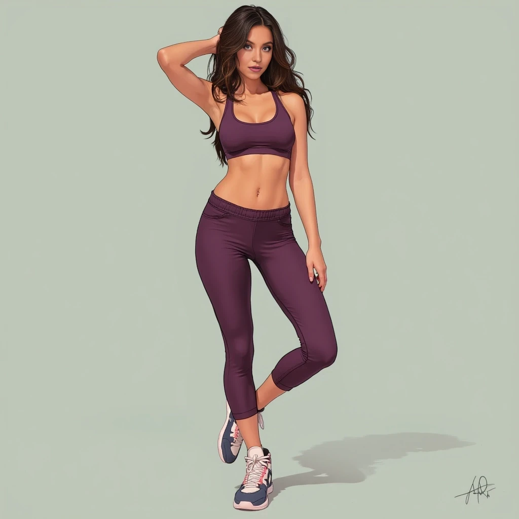 cute woman, hot pants, sneakers, sports bra, brunette hair