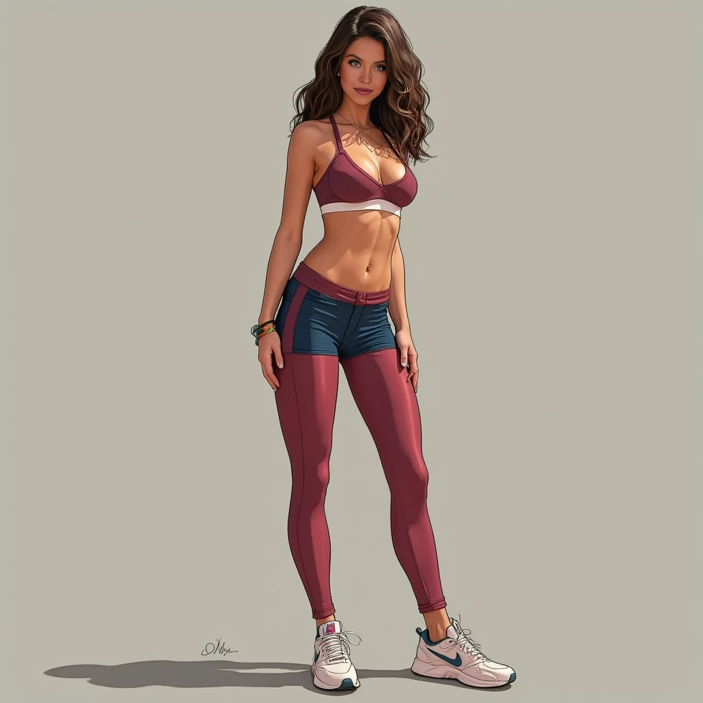 cute woman, hot pants, sneakers, sports bra, brunette hair