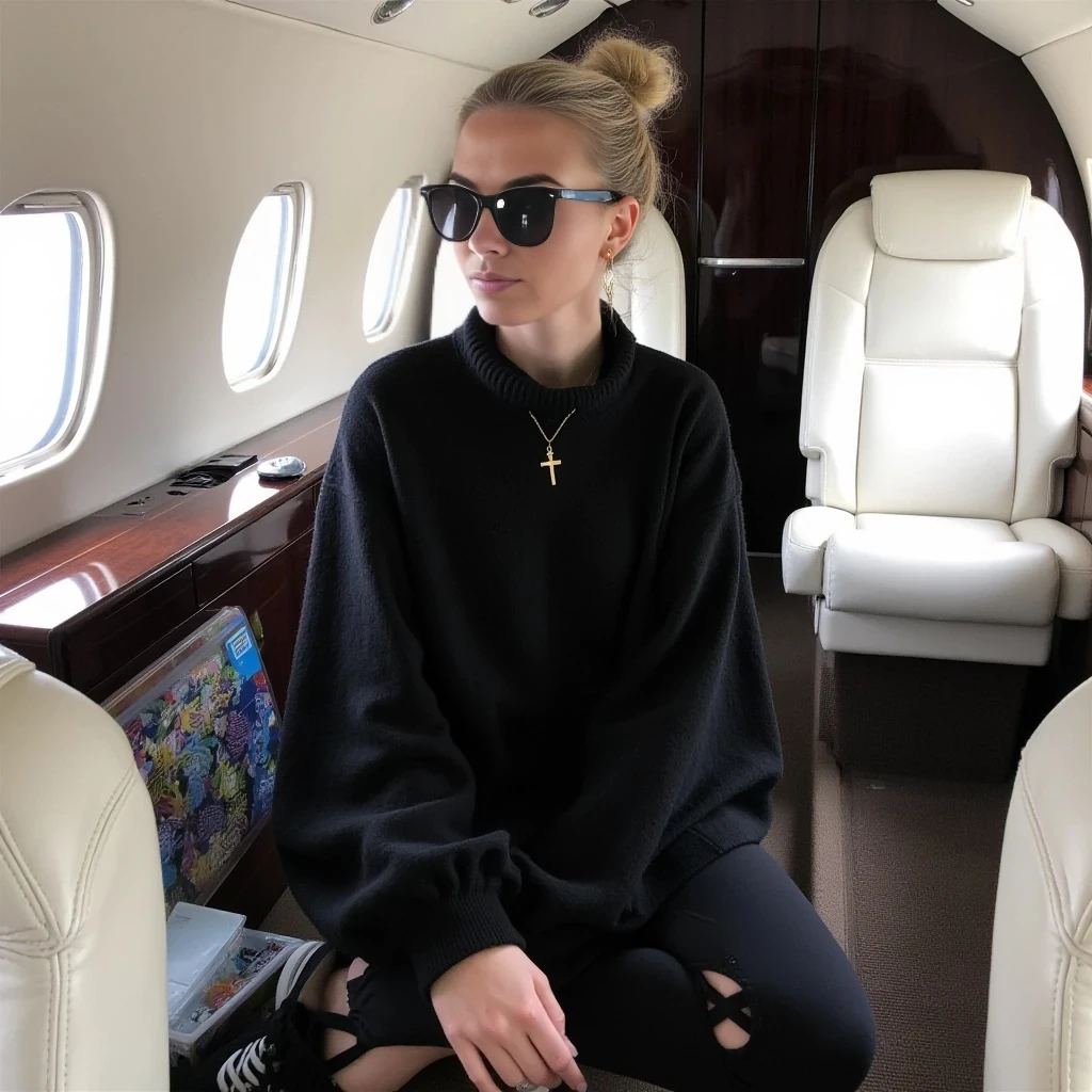 Young woman, light blonde hair in a bun, mid-20s, Caucasian ethnicity, sits casually in a private jet interior.  She wears a black, fitted, loose-knit long-sleeve top and matching black leggings featuring white lace-up details on the sides.  The woman is wearing black, classic Vans sneakers.  She has on dark, oversized sunglasses, a gold cross necklace, and a simple gold hoop earring.  Her expression is relaxed and neutral, and she appears to be looking out at the scene, rather than at the camera. Her body language suggests comfort and ease. The interior of the plane is modern, with white leather seating, dark wood trim, and large windows.  A variety of colors are present, but the overall color scheme is dark and muted, with black and white being dominant.  The interior light is soft and diffused, casting no significant shadows. The perspective is a medium shot, capturing the woman from the mid-thigh up, her body position is relaxed. The overall aesthetic is effortless chic, with an air of luxury and comfort. The style is contemporary and casual yet refined.
