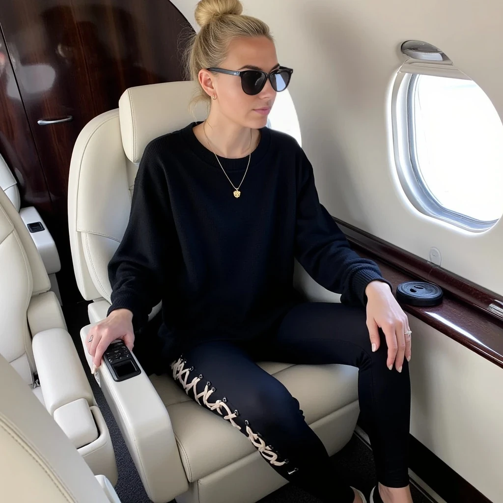 Young woman, light blonde hair in a bun, mid-20s, Caucasian ethnicity, sits casually in a private jet interior.  She wears a black, fitted, loose-knit long-sleeve top and matching black leggings featuring white lace-up details on the sides.  The woman is wearing black, classic Vans sneakers.  She has on dark, oversized sunglasses, a gold cross necklace, and a simple gold hoop earring.  Her expression is relaxed and neutral, and she appears to be looking out at the scene, rather than at the camera. Her body language suggests comfort and ease. The interior of the plane is modern, with white leather seating, dark wood trim, and large windows.  A variety of colors are present, but the overall color scheme is dark and muted, with black and white being dominant.  The interior light is soft and diffused, casting no significant shadows. The perspective is a medium shot, capturing the woman from the mid-thigh up, her body position is relaxed. The overall aesthetic is effortless chic, with an air of luxury and comfort. The style is contemporary and casual yet refined.