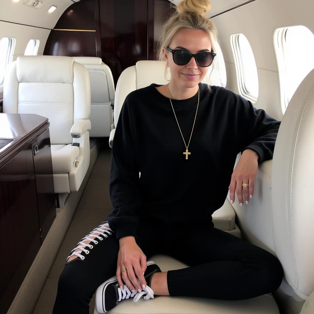Young woman, light blonde hair in a bun, mid-20s, Caucasian ethnicity, sits casually in a private jet interior.  She wears a black, fitted, loose-knit long-sleeve top and matching black leggings featuring white lace-up details on the sides.  The woman is wearing black, classic Vans sneakers.  She has on dark, oversized sunglasses, a gold cross necklace, and a simple gold hoop earring.  Her expression is relaxed and neutral, and she appears to be looking out at the scene, rather than at the camera. Her body language suggests comfort and ease. The interior of the plane is modern, with white leather seating, dark wood trim, and large windows.  A variety of colors are present, but the overall color scheme is dark and muted, with black and white being dominant.  The interior light is soft and diffused, casting no significant shadows. The perspective is a medium shot, capturing the woman from the mid-thigh up, her body position is relaxed. The overall aesthetic is effortless chic, with an air of luxury and comfort. The style is contemporary and casual yet refined.