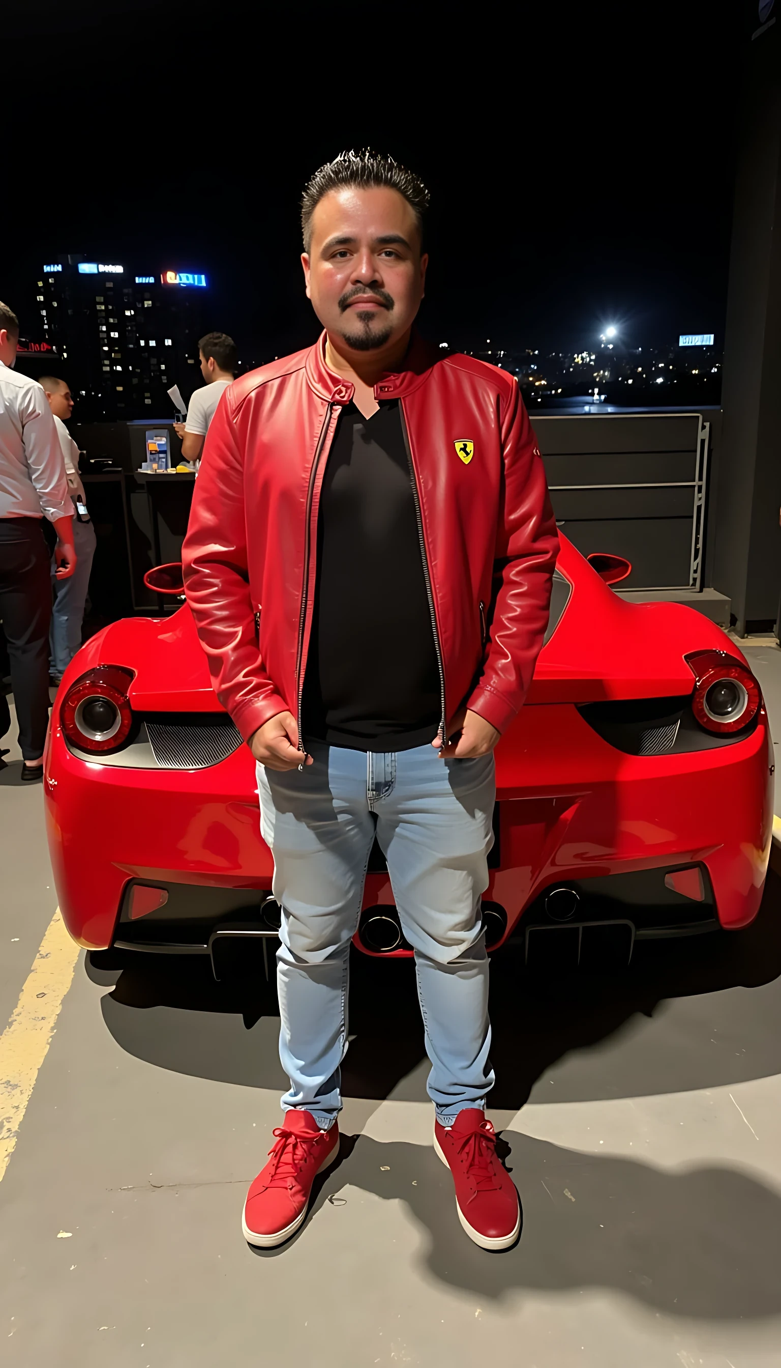 CSTMDL average body wearing a black dress shirt and  a red leather jacket with a Ferrari logo and light blue jeans red tenis shoes standing in front of a red Ferrari car with city night lights in the background 
