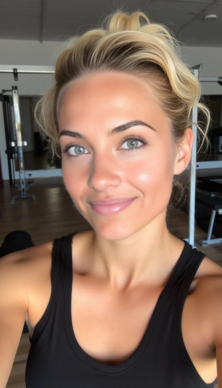 boring low quality snapchat photo circa 2015, a fit woman model as fitness influencer wearing gym outfit in the bodybuilding gym, Portraits of a young woman in her late twenties with short blonde wavy hair and green eyes. Athletic, toned and tanned. 
