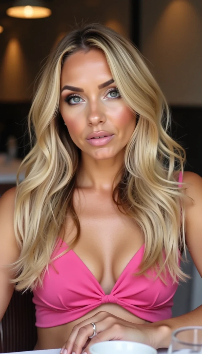 CSTMDL with blonde hair across the table at a restaurant looking seductive in a pink low cut top
