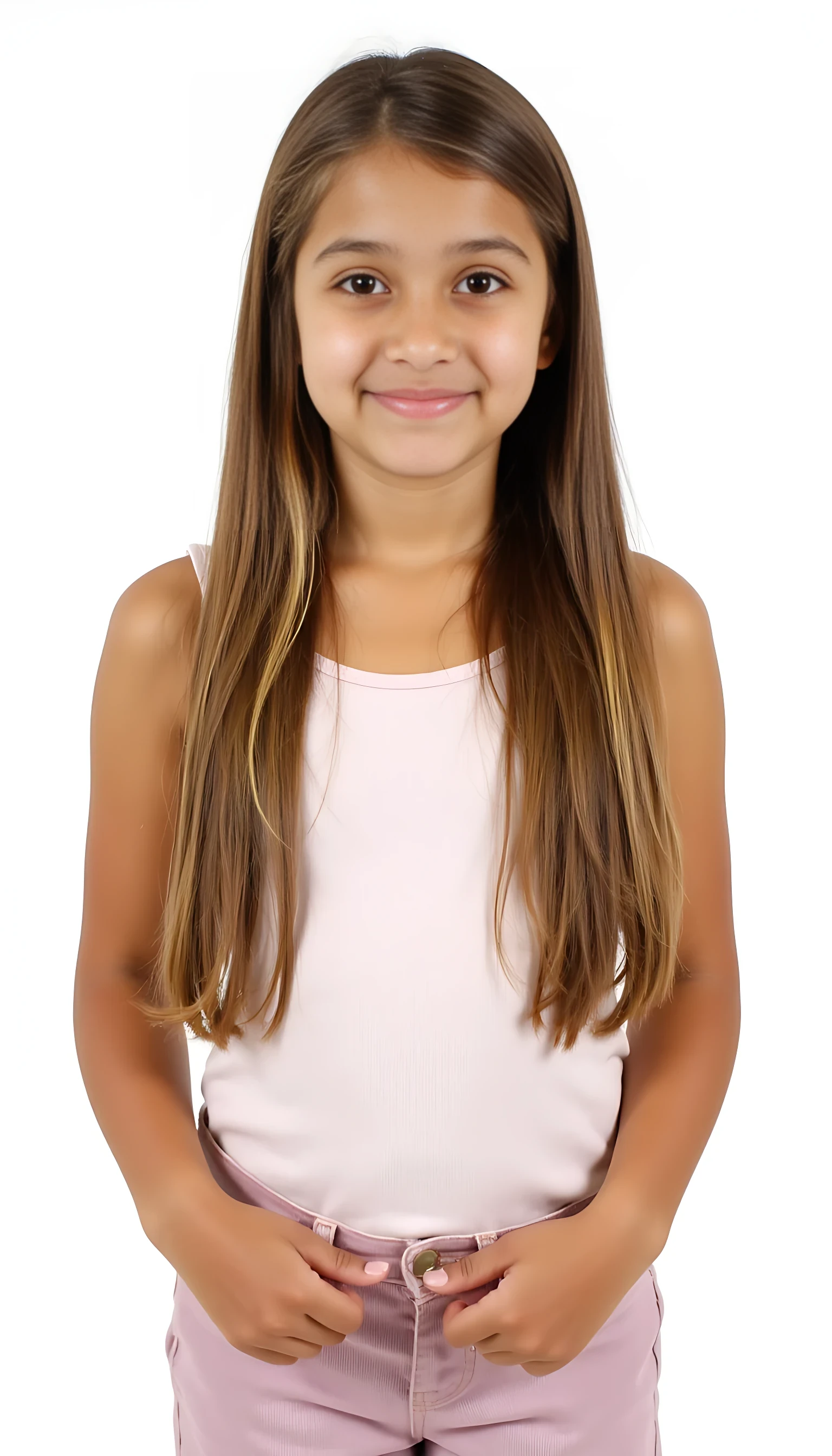 A teenage Latina girl standing confidently against a white studio background. She has fair, smooth skin and soft facial features. Her face is oval-shaped with a calm and youthful expression. Her eyes are large, almond-shaped, and warm brown, framed by straight, well-groomed eyebrows. She has a straight, proportionate nose and medium-sized lips with a gentle, natural smile. Her hair is very long, straight, and silky, light brown with subtle blonde highlights. It is parted in the middle and falls neatly over both shoulders to the front. She has a slender body type with long arms and delicate hands. She stands with her hands on her hips, relaxed yet confident, looking directly at the camera.

