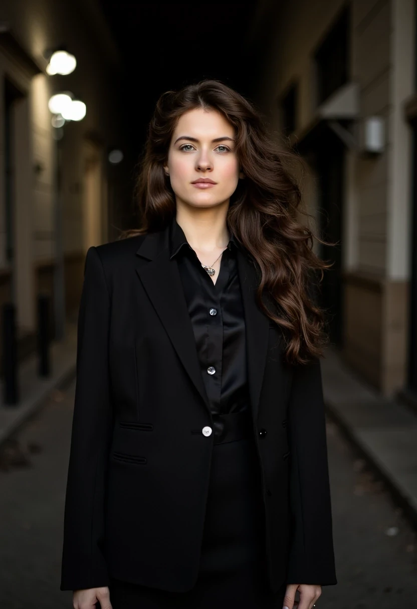 Woman CSTMDL, brunette, blue eyes, her hair are loose, she’s beautiful with a cold smile, wearing a tailored haute couture set, black blazer and skirt, elegant and modern, but very (sexy). She also wears a white shirt under the blazer. Her clothes molds her sculptural body. Her expression is haughty and contemptuous. She looks like someone cold and unfriendly. Her skin tone is very white, (pallid), almost cadaveric. She’s wearing a small pendant. She walks with grace, like a fashion model. The background is a small deserted Parisian alley by (night). The light is very low, making the scene a bit worrying and frightening.