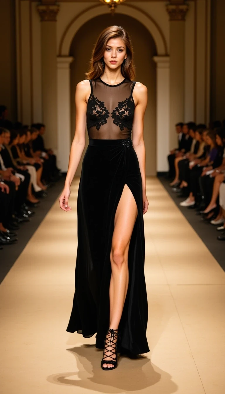 This is a photograph of a fashion runway show featuring a CSTMDL model walking in an elegant black evening gown. The gown is a long, flowing dress with intricate lace detailing on the bodice, which is sheer and reveals the model's slender physique. The dress features a high slit on the right side, exposing her toned leg and showcasing her confidence and poise. She is wearing black strappy high-heeled sandals with intricate lacing that adds a touch of edginess to her look.

The background of the image is a grand, ornate setting, likely a ballroom or a theater, with tall, classic columns and an arched doorway at the end of the runway. The runway itself is a polished, light-colored floor, which reflects the soft lighting, creating a smooth and sophisticated ambiance. The audience, seated in rows on both sides, is dressed in formal attire, adding to the luxurious atmosphere of the event. The lighting is warm and soft, highlighting the model's attire and the elegant setting. The overall mood of the image is sophisticated, glamorous, and high-fashion, capturing the essence of a high-end fashion show.