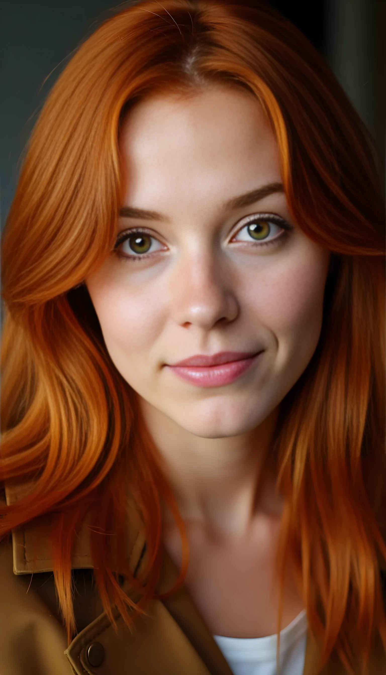 A portrait photo of a beautiful 21 years old model, mixed ethnicity of half white American half Brazilian, with deep copper red hair, golden hazel eyes, ultra detailed eyes with sharp iris reflections, slight smile, studio-quality, extremely realistic HD