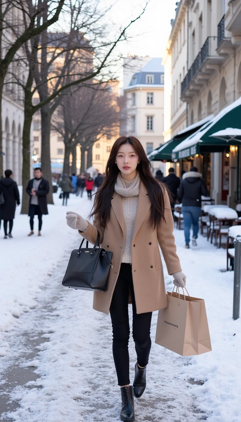 A young Korean woman walking down Avenue Montaigne in Paris during winter, dressed warmly yet stylishly. She wears a luxurious coat, perhaps made of wool or cashmere, paired with a chic scarf and gloves. Her outfit is completed with ankle boots and a designer handbag. She carries several shopping bags from the high-end boutiques, exuding both confidence and sophistication. The crisp winter air adds a touch of elegance, as the snow-dusted Parisian architecture and the subtle winter sunlight reflect the glamour of the scene.
