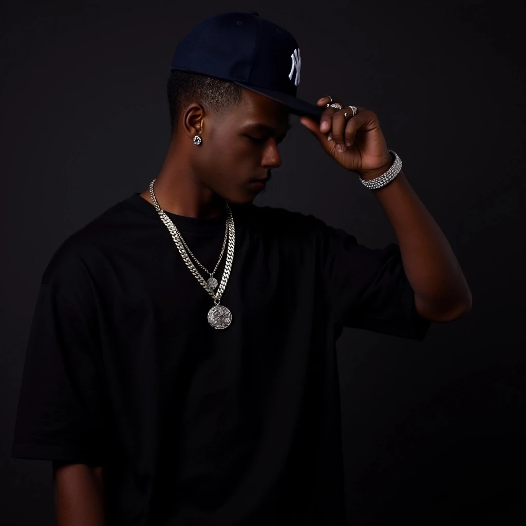 Black shirt with chains, two earrings studs for men, hiphop, short hair, with the NY fitted hat navy blue, watch on left wrist, white gold bracelet on right wrist, disco lights