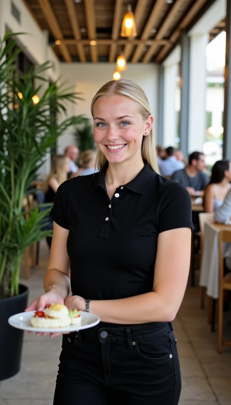CSTMDL, Hailey, A photorealistic portrait of a young woman in her early 20s with fair porcelain skin, smooth complexion, subtle natural makeup with soft pink lips and light eyeliner, straight blonde hair tied back in a neat ponytail, bright blue eyes sparkling with warmth, friendly genuine smile revealing straight white teeth, confident and approachable demeanor, gazing directly at the viewer with engaging eye contact; she is wearing a fitted black short-sleeved polo shirt, tucked into slim black pants, no visible accessories; she isnt carrying anything. set in a modern upscale cafe interior with high ceilings, large floor-to-ceiling windows allowing soft diffused natural daylight to flood in from the right side, creating gentle highlights and soft shadows on her face and clothing, warm ambient hanging pendant lights with golden glow in the background; background details include a tall green potted plant with broad leaves to the left, patrons seated at wooden tables including a man in a beige shirt facing away, another in gray chatting, and a woman in a black tank top with long brown hair; dominant colors are neutral blacks and grays with pops of green foliage, warm wood tones; overall welcoming and lively casual dining atmosphere, evoking freshness and hospitality; composition is a medium close-up shot from a slight low angle to emphasize approachability, framed centrally with balanced symmetry, captured with a Canon EOS 5D Mark IV camera using a 50mm prime lens at f/2.8 aperture for shallow depth of field, ISO 100 for crisp details, natural window lighting supplemented by soft indoor LEDs at 4000K color temperature, hyper-realistic textures like the soft cotton weave of the polo shirt, and smooth skin pores; ultra-detailed, hyperrealism, photorealistic rendering indistinguishable from a high-resolution photograph, 8k resolution, sharp focus on the woman and plate with bokeh background.