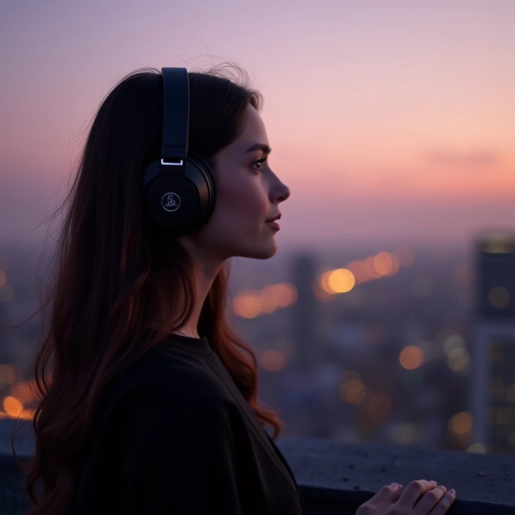 "A beautiful young woman with long flowing hair standing on a rooftop at dusk, wearing sleek over-ear headphones. She gazes into the distance over a glowing city skyline, immersed in deep house music. The sky is painted in soft purple and orange tones, with subtle light reflections on her face. Her style is modern and minimal, captured in cinematic lighting with a dreamy, emotional atmosphere. Ultra-realistic, 4K photo quality, soft background blur."
