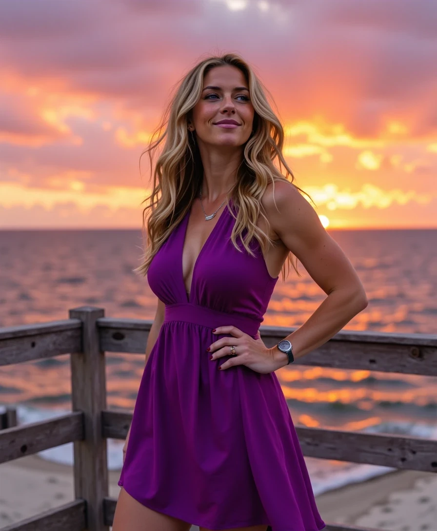 The image is a photograph featuring a young Caucasian woman, CSTMDL, with long, wavy blonde hair, standing on a vibrant Outer Banks pier at sunset. She wears a flowing, amethyst sundress, her hair rippling in the breeze. Her expression is bold, hands on hips, with the ocean glowing in rich hues behind her. Highly detailed, 8K, dramatic lighting, glamorous coastal style with rich purples and oranges.