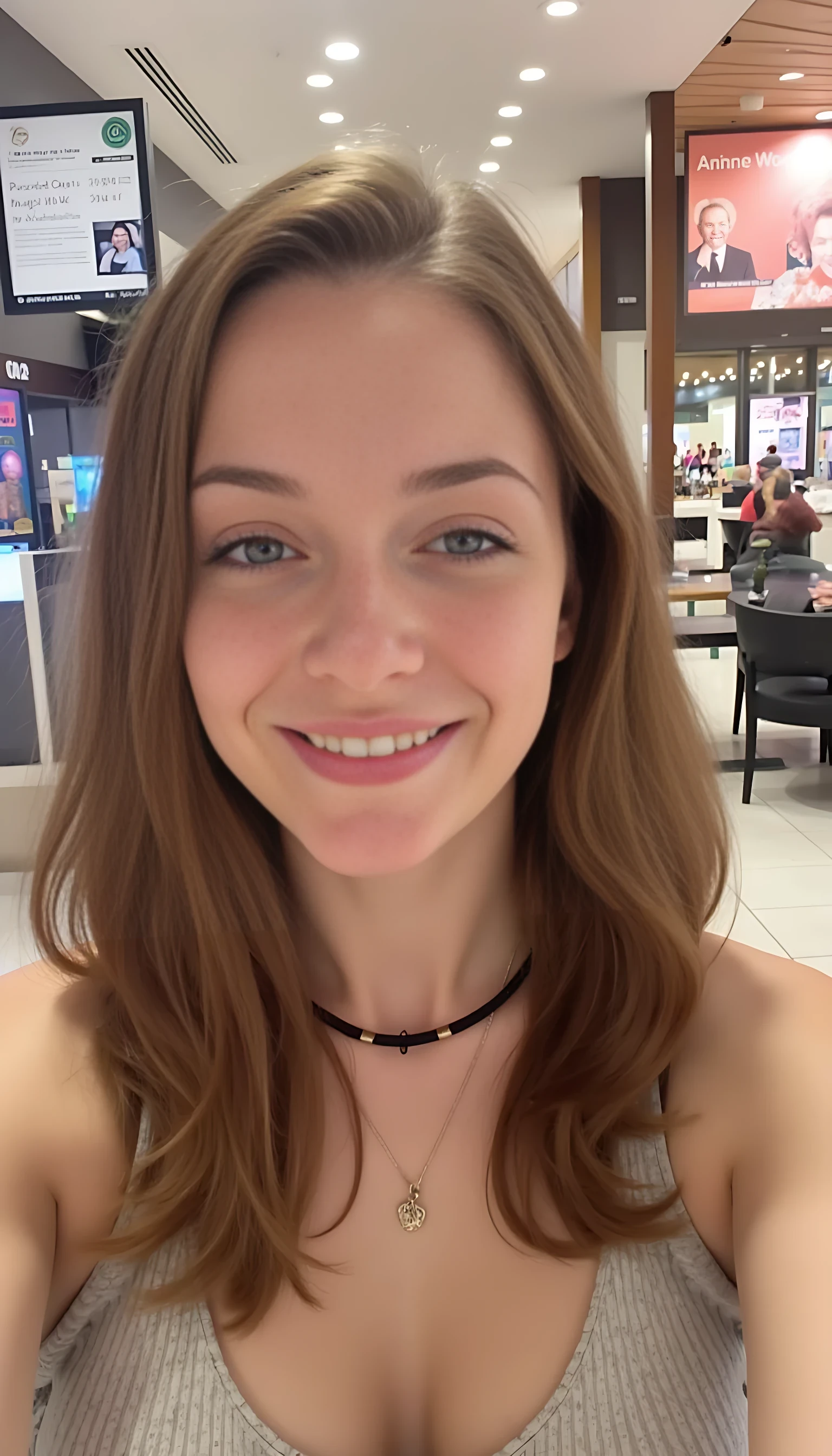 boring low quality snapchat photo circa 2015, average looking woman, soft light brown hair, mall background
