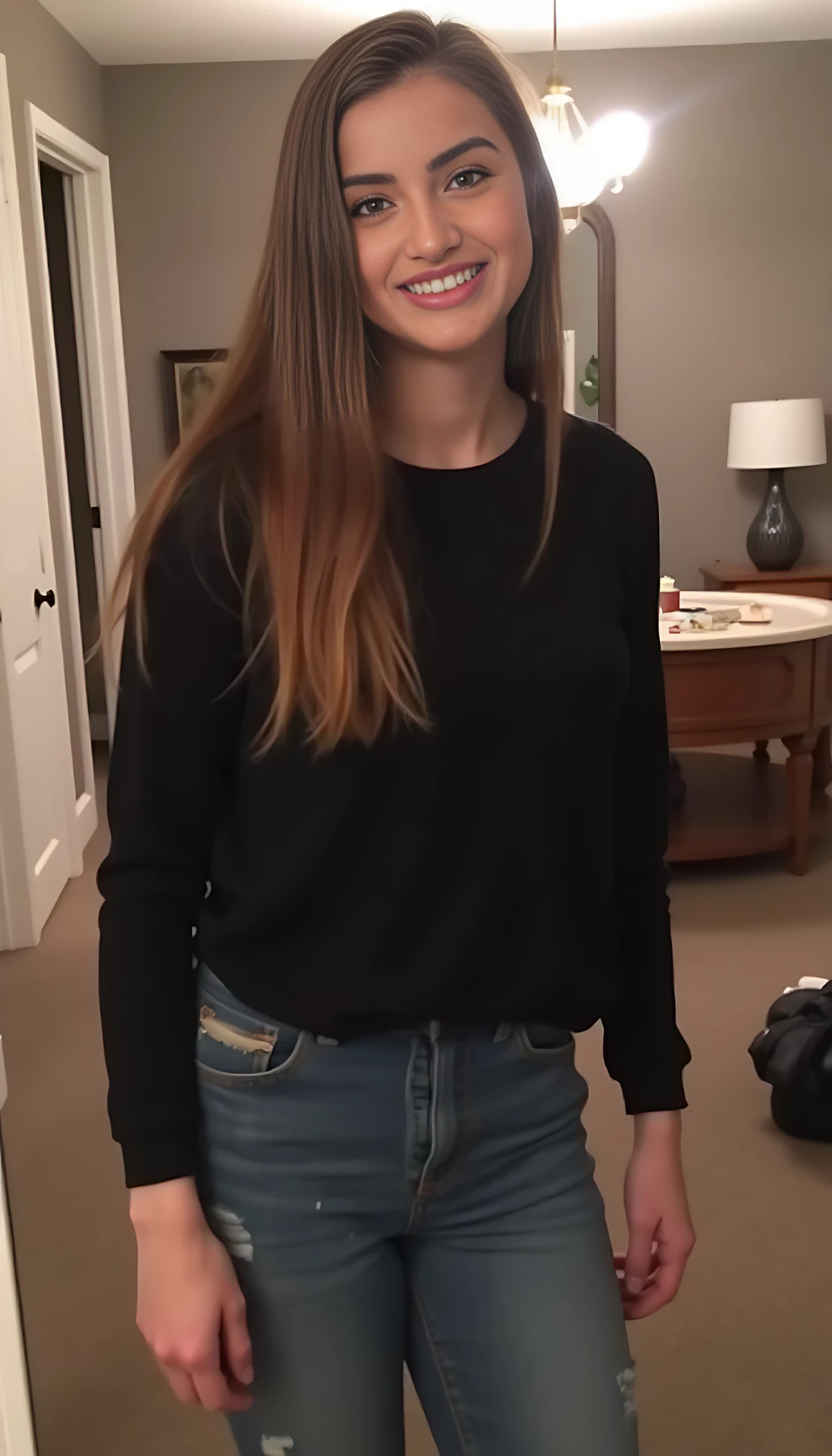 score_9, boring low quality snapchat photo circa 2015, 1girl, photo medium, black shirt, long hair, jeans