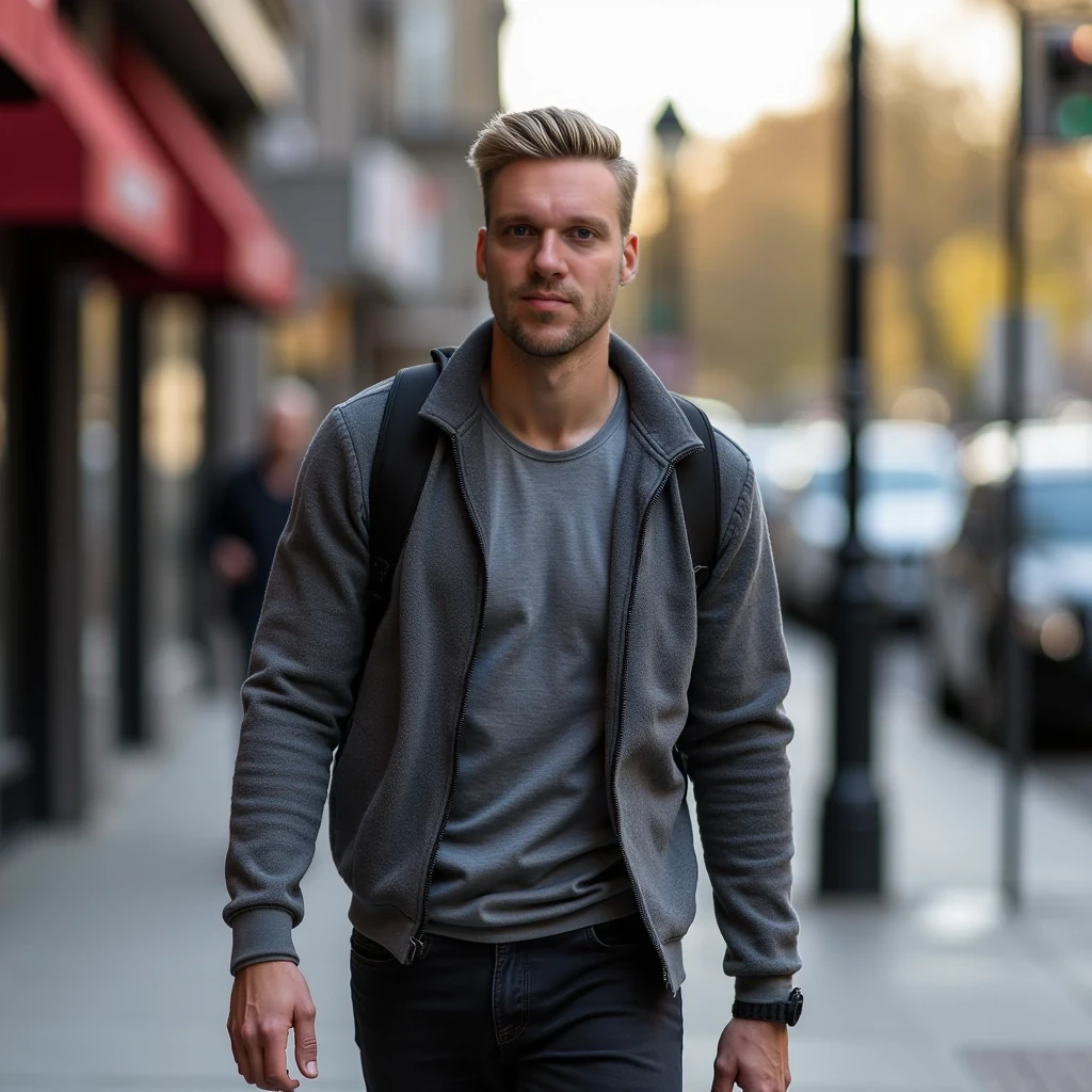 Portrait of 35 year old fit man walking on street