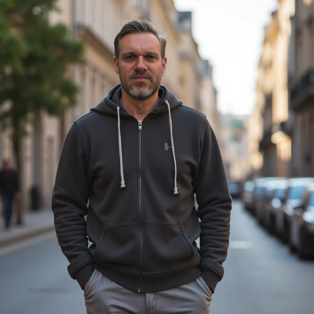 Portrait of 35 year old fit man walking on street