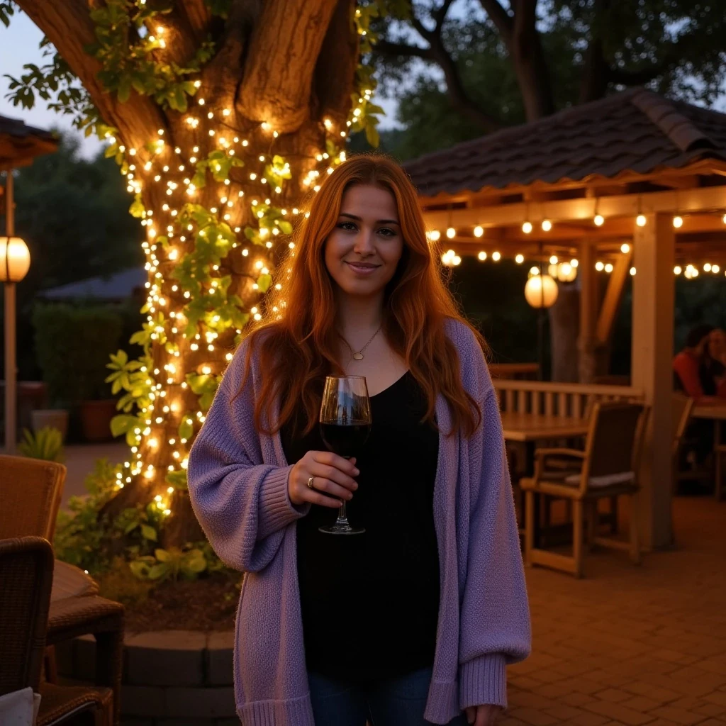 A full body shot photo of a woman standing outdoors at a cozy, warmly lit patio in the evening, with soft, glowing lights wrapped around a tree behind them creating a charming atmosphere. The image is rich in detail, with warm tones and clear textures throughout. The woman has fair skin, a slim curvy build, and long reddish-blonde hair, also worn loose. She is smiling warmly at the camera, holding a glass of red wine in her right hand, and wears a soft-textured lavender cardigan over a black top. The background features a large tree with sparkling string lights wrapped around its trunk and branches, adding a magical touch to the scene. The setting suggests a private outdoor seating area, with elements like terracotta-tiled roofing, greenery, and rattan chairs contributing to a serene, inviting vibe. The overall composition is balanced, with the woman framed against the softly glowing tree, and the lighting enhances the warm, intimate feel of a quiet evening shared among friends. The details are vivid, with textures of clothing, skin, and background elements clearly visible, while the warm lighting creates a relaxed and joyful mood