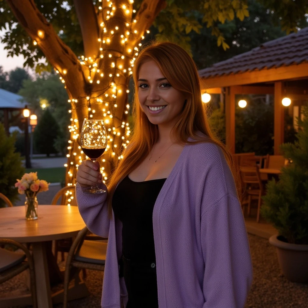 A full body shot photo of a woman standing outdoors at a cozy, warmly lit patio in the evening, with soft, glowing lights wrapped around a tree behind them creating a charming atmosphere. The image is rich in detail, with warm tones and clear textures throughout. The woman has fair skin, a slim curvy build, and long reddish-blonde hair, also worn loose. She is smiling warmly at the camera, holding a glass of red wine in her right hand, and wears a soft-textured lavender cardigan over a black top. The background features a large tree with sparkling string lights wrapped around its trunk and branches, adding a magical touch to the scene. The setting suggests a private outdoor seating area, with elements like terracotta-tiled roofing, greenery, and rattan chairs contributing to a serene, inviting vibe. The overall composition is balanced, with the woman framed against the softly glowing tree, and the lighting enhances the warm, intimate feel of a quiet evening shared among friends. The details are vivid, with textures of clothing, skin, and background elements clearly visible, while the warm lighting creates a relaxed and joyful mood