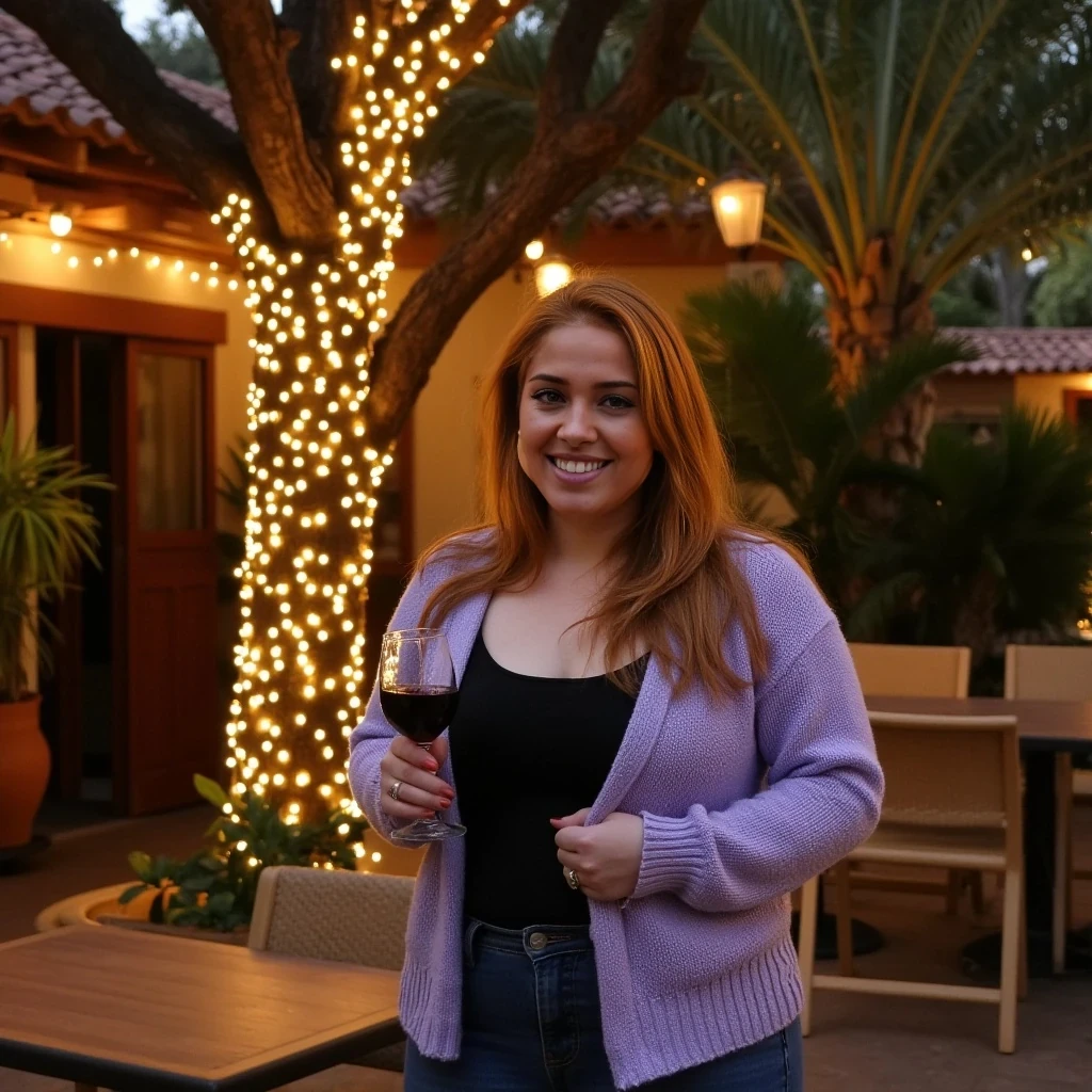 A full body shot photo of a woman standing outdoors at a cozy, warmly lit patio in the evening, with soft, glowing lights wrapped around a tree behind them creating a charming atmosphere. The image is rich in detail, with warm tones and clear textures throughout. The woman has fair skin, a slim curvy build, and long reddish-blonde hair, also worn loose. She is smiling warmly at the camera, holding a glass of red wine in her right hand, and wears a soft-textured lavender cardigan over a black top. The background features a large tree with sparkling string lights wrapped around its trunk and branches, adding a magical touch to the scene. The setting suggests a private outdoor seating area, with elements like terracotta-tiled roofing, greenery, and rattan chairs contributing to a serene, inviting vibe. The overall composition is balanced, with the woman framed against the softly glowing tree, and the lighting enhances the warm, intimate feel of a quiet evening shared among friends. The details are vivid, with textures of clothing, skin, and background elements clearly visible, while the warm lighting creates a relaxed and joyful mood