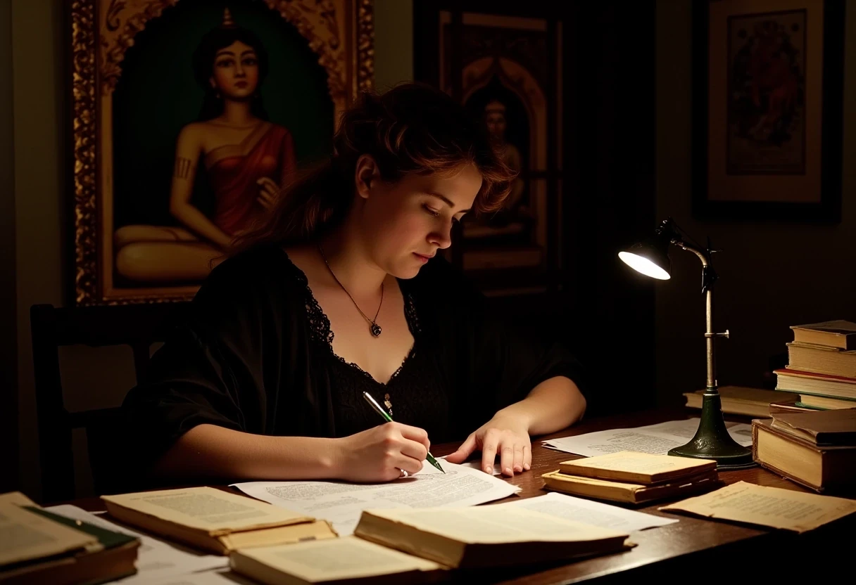 photo of woman CSTMDL, brunette, small pendant, hair tied, blue eyes, black night dress, working late night at her desk. The room is dark, the only light is a small art nouveau desk lamp.
She’s surrounded by a lot of old books and sheets of paper she worked on. She’s currently writing on a sheet with a beautiful vintage fountain pen.
She’s surrounded by her works in a beautiful art nouveau room with a Khmer piece of art in the background