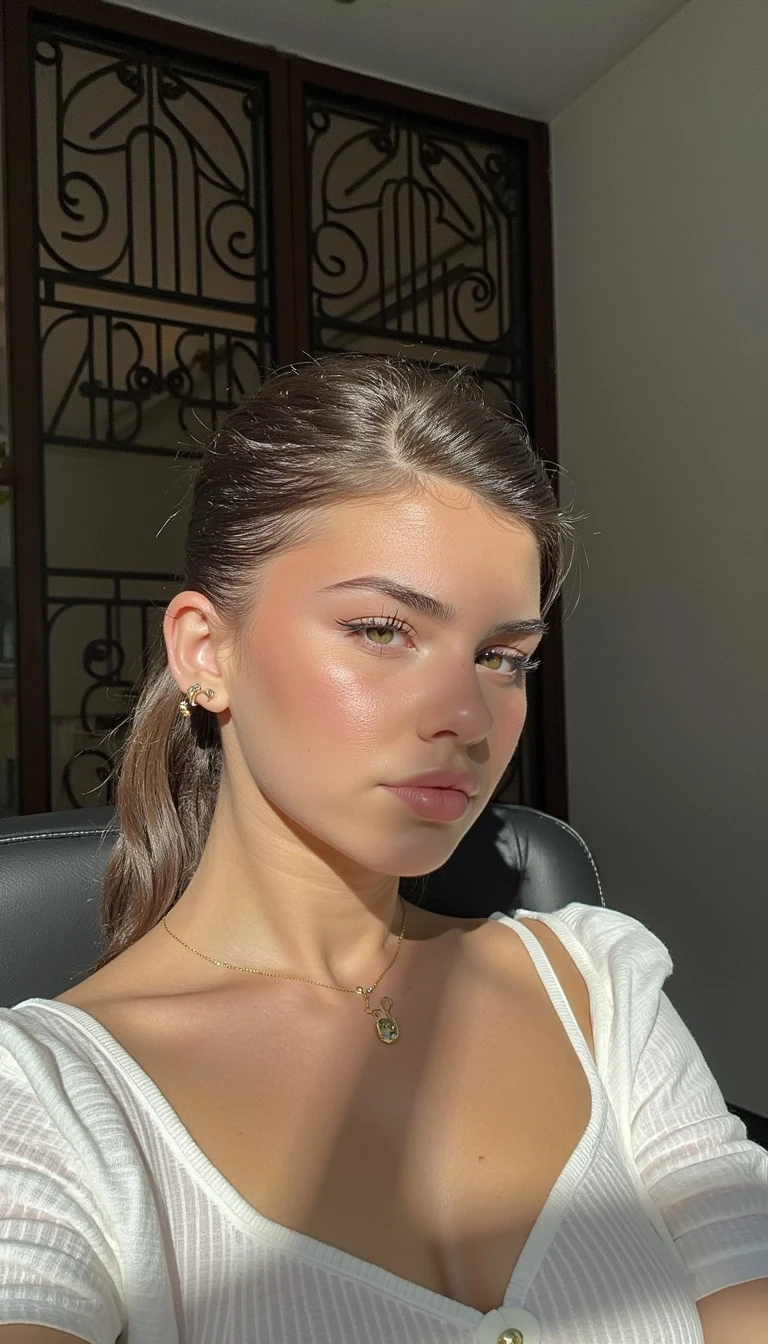 The image depicts an 18-year-old brunette woman seated in a refined indoor setting, captured in photorealistic style as if taken with a high-end DSLR camera. She has a naturally curvy figure with full, natural large breasts and shapely hips and thighs, creating a realistic and attractive hourglass silhouette. Her torso and midsection are proportionate, slightly soft, without visible ribs or bones, giving her a healthy, approachable appearance. She is not overly athletic or skinny, nor is she overweight—her body exudes balanced, natural curves.

Her posture is relaxed yet elegant, subtly radiating femininity and confidence. Her hands rest gracefully, displaying perfectly manicured French nails, adding a delicate touch of sophistication. Her face exudes youthful charm and elegance, with refined, realistic makeup: soft, well-blended eyeshadow, subtle eyeliner, groomed eyebrows, a hint of blush, and neutral glossy lips. Her hair is rich, dark brown, naturally textured, and styled to frame her face elegantly.

She is dressed in elegant, fashion-forward clothing that complements her natural curves—perhaps a fitted blouse paired with a tasteful skirt or tailored trousers, creating a stylish and sophisticated look without being flashy. The outfit accentuates her chest and hips subtly, highlighting her silhouette while remaining classy.

The lighting is soft and natural, coming from a nearby window, creating gentle shadows that enhance her natural skin tones and body contours without glow or overexposure. The composition emphasizes realism: shallow depth of field keeps the background subtly blurred while keeping her in crisp focus, capturing fine details like hair strands, natural skin texture, reflections in her eyes, and the elegance of her French manicure.

The overall vibe is ultra-realistic, modern, and effortlessly feminine, reflecting youth, sophistication, and natural beauty. The image should be indistinguishable from a high-quality photograph, with accurate proportions, realistic curves, and an authentic, approachable expression. The picture is in 4K quality and HD resolution.