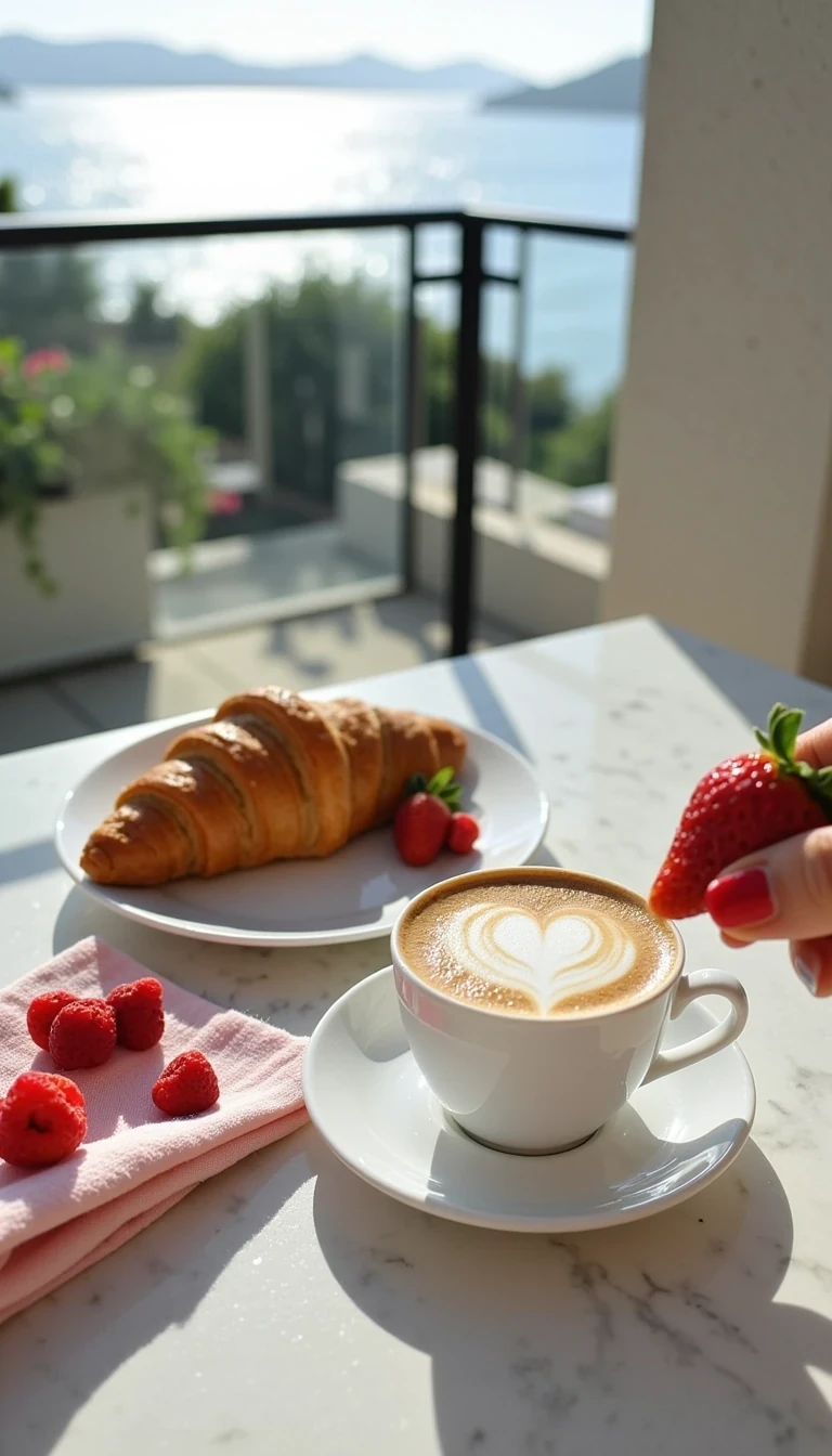  CSTMLD  shot, marble balcony table with fresh croissant, berries, cappuccino with heart foam art, luxury silk napkin. Sunlight reflects off glass railing, ocean blur behind. A hand with red nails delicately holding a strawberry enters the frame.