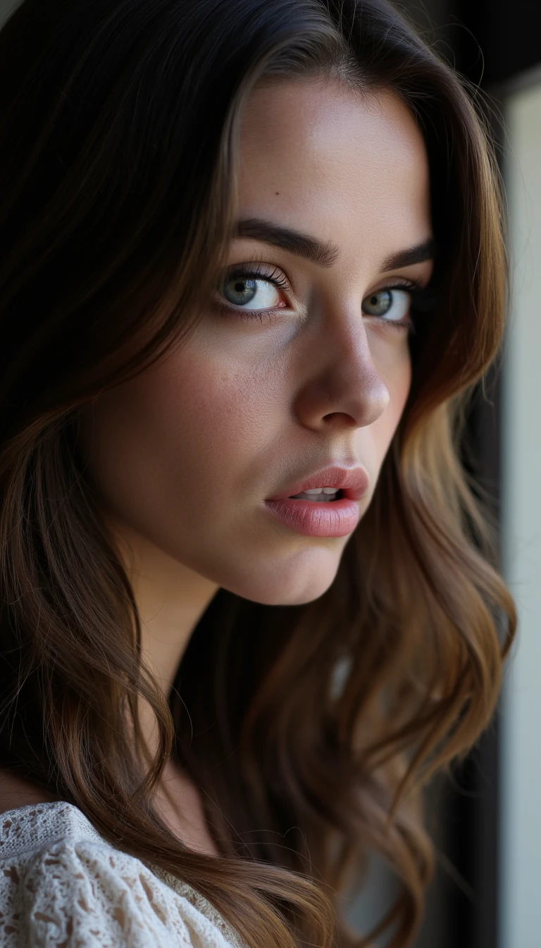 close-up of a feminine woman with big soft blue eyes, long dark lashes, defined cheekbones, wavy brown hair cascading over one shoulder, somber expression, slightly open lips, natural glossy skin texture, shot in soft afternoon window-light with shallow depth of field, polish girl, high-contrast black-and-white left profile, visible fine film grain, classic studio flag lighting carving jawline