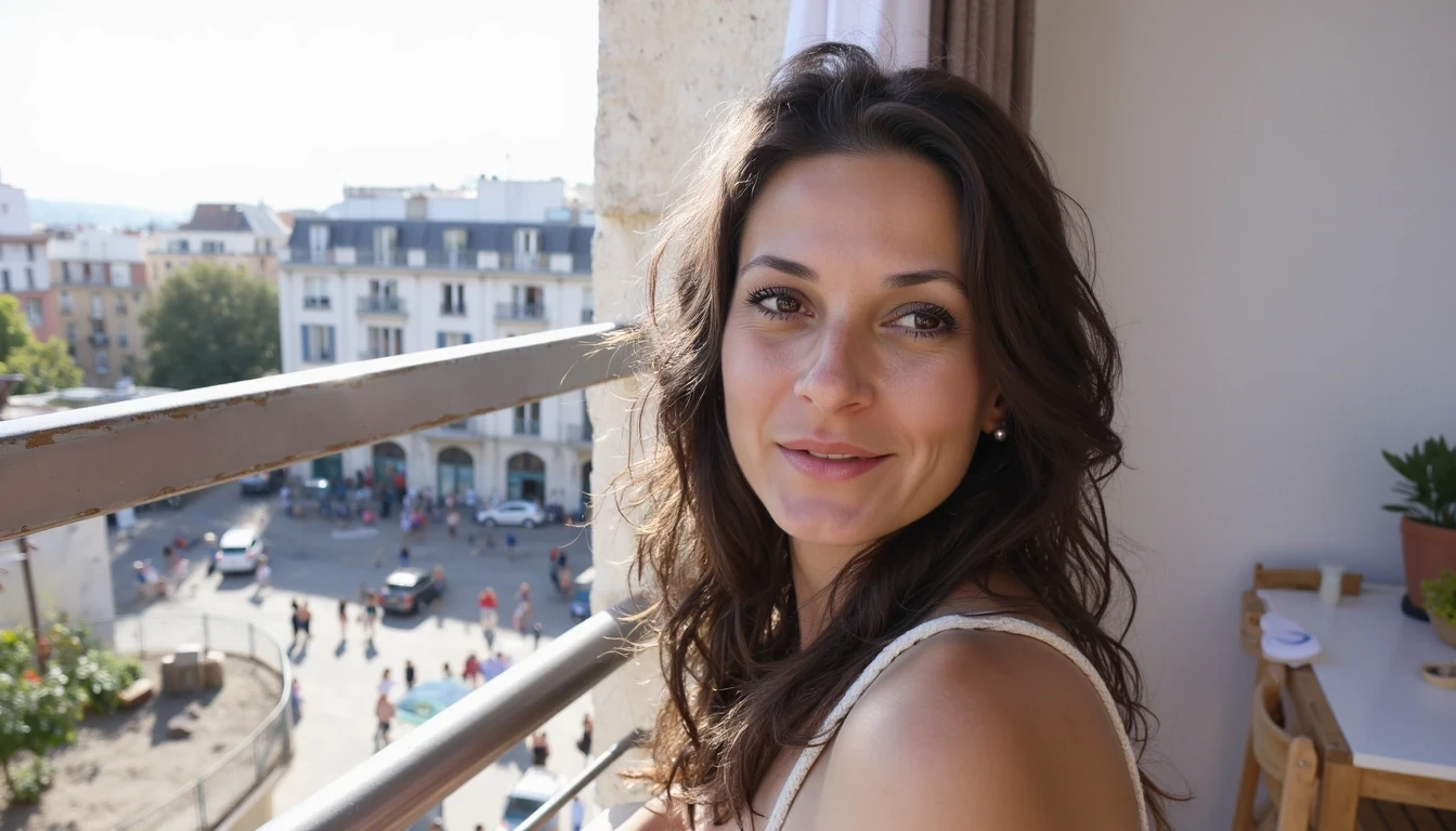 boring low quality snapchat photo circa 2020, A young woman with a warm smile, sitting on the balcony. She has soft, wavy brown hair cascading past her shoulders. The sunlight streams through the window, casting a gentle glow on her face, showing one puffy tit. The background outside is Paris street full of people