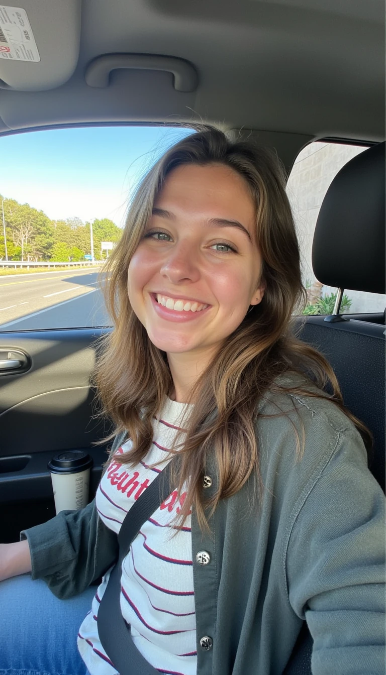 boring low quality snapchat photo circa 2015, A young woman with a warm smile, sitting in the driver's seat of a cozy car. She has soft, wavy brown hair cascading past her shoulders. The sunlight streams through the window, casting a gentle glow on her face. The interior of the car is neat and comfortable, with a coffee cup in the cup holder and a small plant on the dashboard. The background outside the window shows a scenic road lined with trees and blue skies