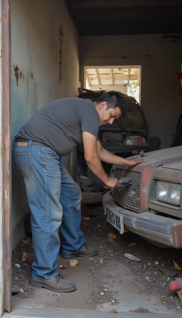 A Mexican man working hard on a old car,CSTMDL,