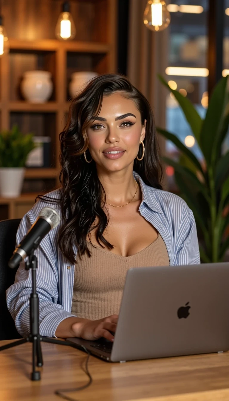 thick, curvy, sexy, showing cleavage/big breast, straight haired 155 lb Alice: A cinematic, photorealistic image of Alice hosting her luxury lifestyle and trading podcast in a stylish studio. The space glows with warm ambient lighting and hanging Edison bulbs, surrounded by lush plants, wooden accents, and a modern creative aesthetic. Alice, a poised woman with bronzed skin, long brunette hair softly curled, and refined facial features, wears a cozy yet chic outfit—a tan knit sweater with a light blue striped overshirt. She sits confidently at a wooden desk with a professional microphone setup, laptop open, and studio headphones on, smiling warmly as she engages with her audience. The scene captures a mix of sophistication, authenticity, and high-end digital creativity. 8k ultra-realistic detail, cinematic lighting, cozy-luxury interior design, modern influencer workspace, Vogue-meets-tech editorial photography style. 




