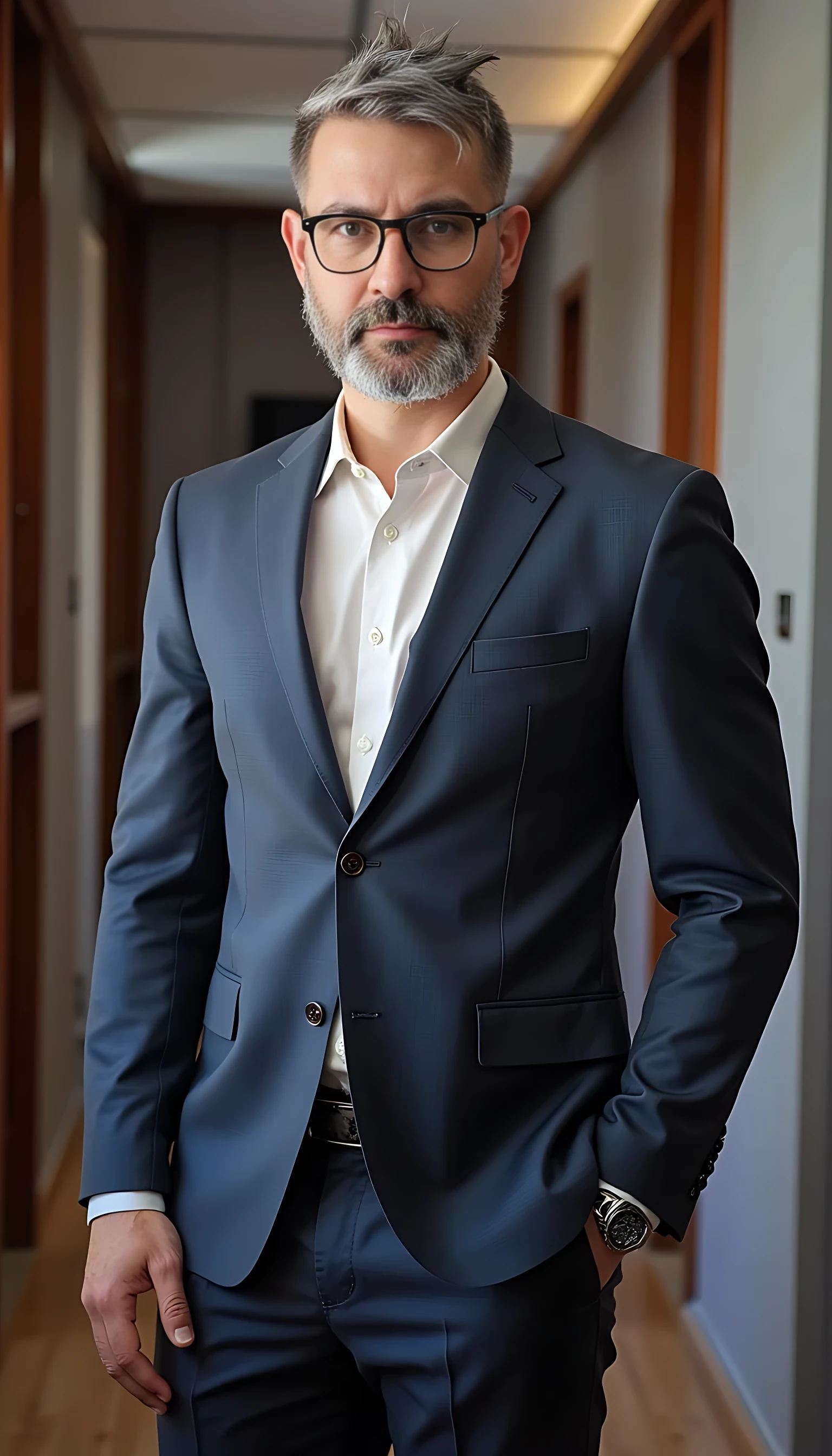 Full body image. make him like a clon of the original train model with pictures. Businessman with modern and expensive fashion outfit. He is wearing a suit and modern Ray-Ban reading glasses. Slim but muscular build. He is facing the camera directly, as if posing for a LinkedIn profile picture. He looks like a CEO of a huge corporation.