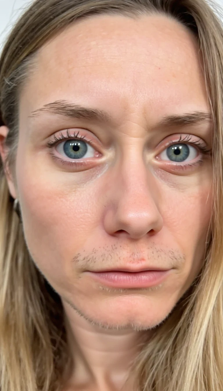 A close-up portrait of a young woman with long, straight blonde hair, styled with a subtle side part and tucked behind one ear. Her striking blue eyes gaze directly at the viewer, framed by subtle eyeliner and mascara. Her complexion is smooth with a natural, sun-kissed glow. She has slightly parted lips with a soft, natural lip color. The background is softly blurred, focusing attention on her serene and captivating expression.