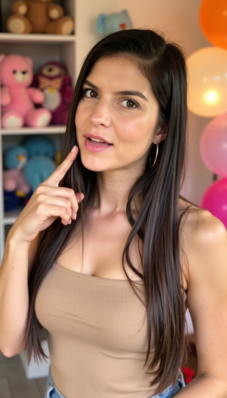 This is a photograph of a young woman taken indoors in a casual, playful setting. She has long, straight, dark hair. Her skin is fair and smooth, with a slight blush on her cheeks. She has a slender, petite physique with a small bust.

The woman is dressed in a light brown, strapless top that accentuates her collarbones and has a slightly textured fabric. She is sticking out her tongue between her index finger and middle finger in a playful gesture, with her other hand resting on her hip.

The background shows a room filled with colorful decorations, including several stuffed animals and balloons. On the left side of the image, there are plush toys, including a pink teddy bear and a blue stuffed animal. To the right, there are several balloons in pink, orange, and white, adding a festive atmosphere. The lighting in the room is warm, likely from a nearby lamp or natural light, casting a soft glow on the subject.

